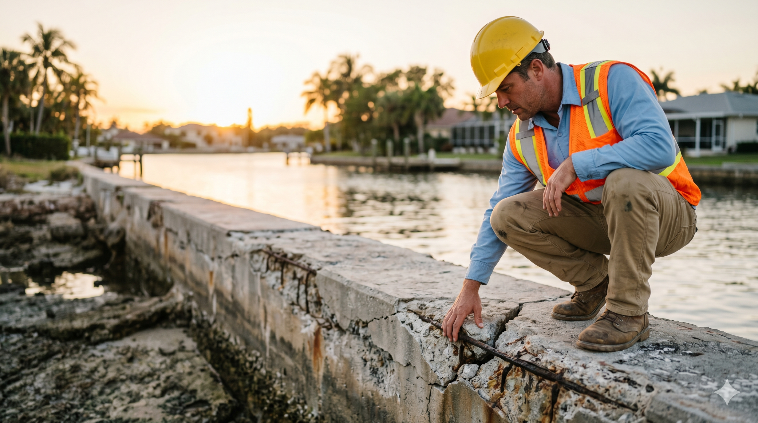 waterfront-construction-worker-inspecting-seawall-crack